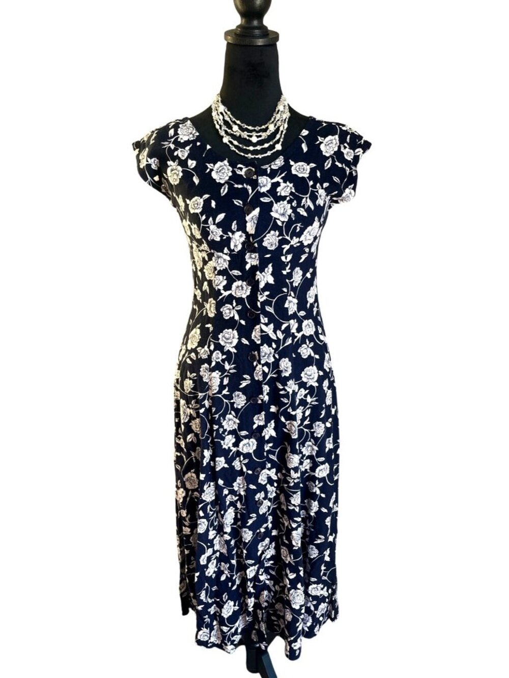 Vintage Ellen Ashley Sz 4 Floral Midi Dress White Rose Button down Cottagecore